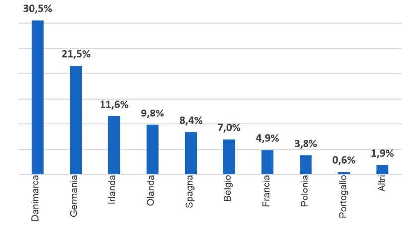 Importazioni nel Regno Unito in base al paese di origine (da gennaio a marzo 2019, totale di 119.415 tonnellate) (Fonte, HMRC)
