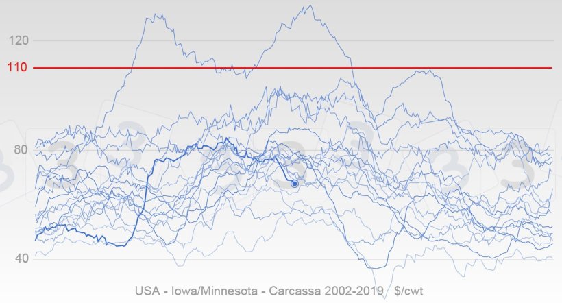 Grafico 4. Evoluzione annuale dei prezzi USA dal 2002 in colore blu, la linea grossa rappresenta le quotazioni del 2019&nbsp;. In rosso si mostra la mediana del prezzo massimo per il&nbsp;2019 secondo le opinioni degli utenti 333.
