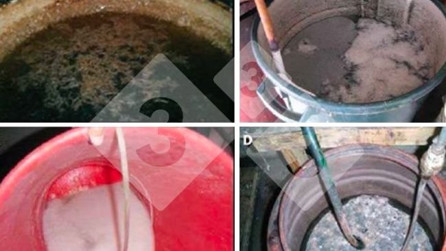 Fig 1. Soluciones y productos de precipitación que pueden bloquear el sistema de medicación. A: Cristales y lodo negro; B: Cristales y precipitado flotante; C: Precipitado blanco en solución; D: Precipitado flotante. Fuente: Dorr PM, Madson M, Wayne S, et al (2009).