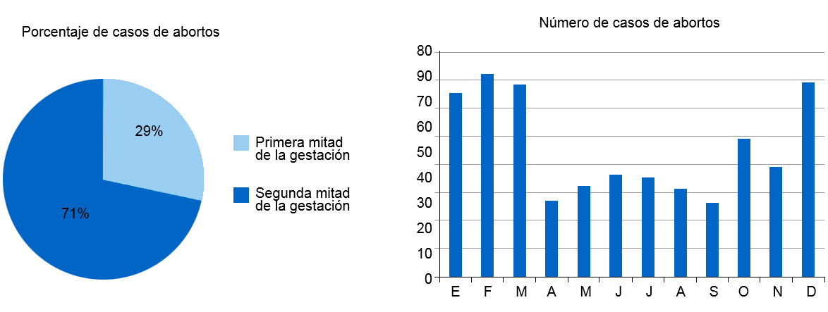 El gráfico circular representa el porcentaje de abortos en la primera y la segunda etapa de la gestación, respectivamente. El gráfico de barras representa la estacionalidad de los abortos.