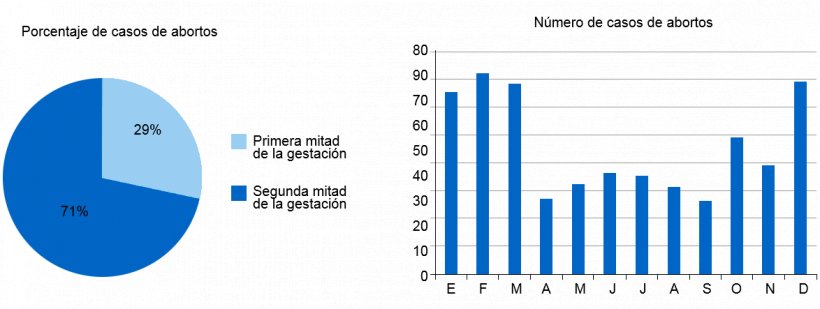 El gráfico circular representa el porcentaje de abortos en la primera y la segunda etapa de la gestación, respectivamente. El gráfico de barras representa la estacionalidad de los abortos.