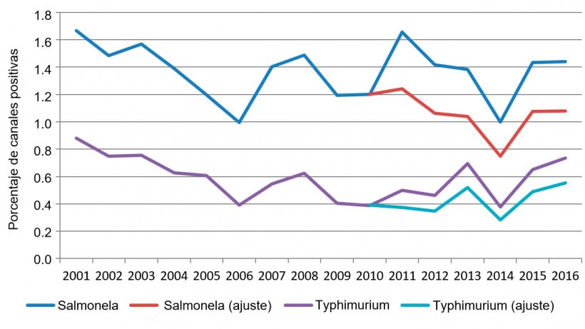 Figura 2. Porcentaje de canales positivas a salmonela por a&ntilde;o.
