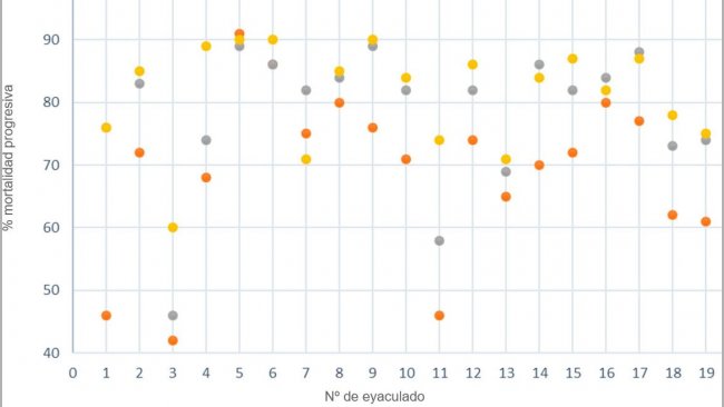 Figura 3. Motilidad progresiva (%) analizada mediante sistemas computarizados usando 3 tamaños de muestra de semen.