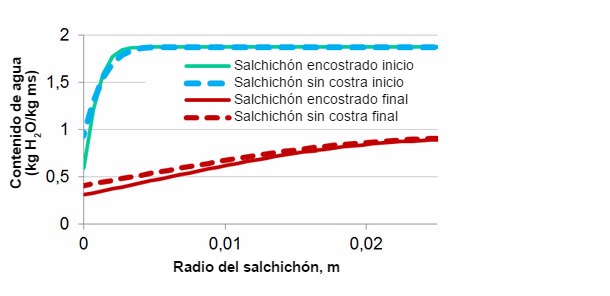 Figura 2. Simulación de la distribución de humedad en un salchichón a inicio y final de proceso con y sin problemas de encostrado.