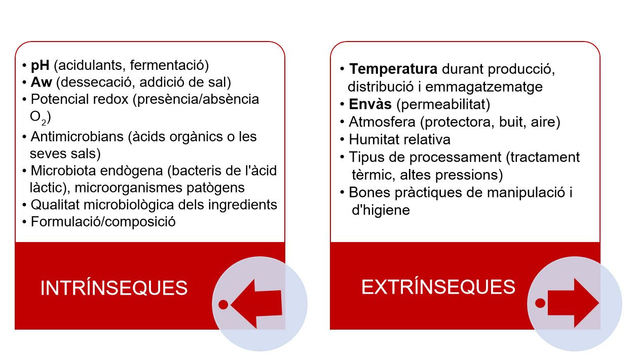 Figura 2. Caracter&iacute;sticas intr&iacute;nsecas y extr&iacute;nsecas que se identifican de manera m&aacute;s frecuente en los alimentos y que pueden afectar la vida &uacute;til. Entre par&eacute;ntesis se indican algunos ejemplos de factores asociados.
