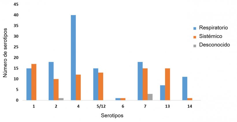 Figura 2: Distribuci&oacute;n de serotipos de H. parasuis entre aislados respiratorios y sist&eacute;micos muestreados por PCR de serotipado.
