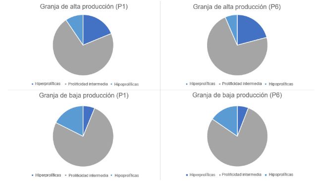 Gr&aacute;fico 1. Distribuci&oacute;n del tipo de cerdas, en parto 1 y 6, categorizados por los tipos de granjas planteados.