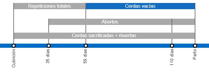 Tipos de pérdidas de gestación que repercuten en una menor tasa de partos, con el detalle de los distintos tipos de repeticiones según en el momento en que se producen.