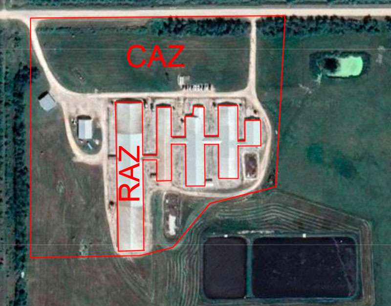 Imagen 1. Zona de acceso restringido (RAZ) y zona de acceso controlado (CAZ) de una granja. L&iacute;mites zona sucia/limpia en granja. https://www.cpc-ccp.com/visitor-and-farm-biosecurity
