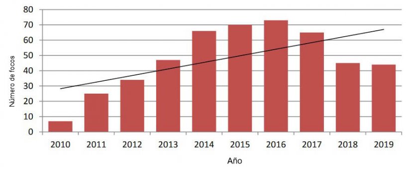 Focos  de trichinellosis  registradossegún  año  de  notificación.  Argentina-Total  país. Periodo 2010-2019 N=476 Fuente: elaboración propia–SENASA