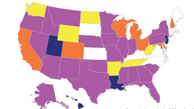 Cambio porcentual en el sacrificio porcino de EE. UU. entre abril y mayo de 2020, en comparación con el 2019. Notas: Los Estados que aparecen en blanco en el mapa representan a Estados cuyos niveles de sacrificio son privados para evitar divulgar datos de operaciones individuales o bien no es aplicable. Fuente: USDA.