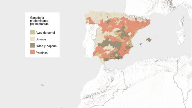 Tipo de ganado predominante en España (según UGT). Fuente: INE.