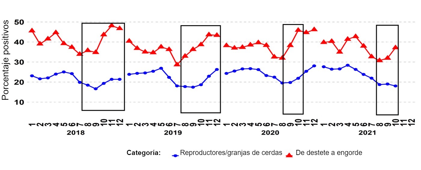 <p><strong>Gr&aacute;fico 1. Porcentaje de muestras PCR positivas para las categor&iacute;as de&nbsp;reproductores y de cerdos de destete a venta.&nbsp;Los recuadros negros muestran los picos m&aacute;s acentuados y/o m&aacute;s tempranos en los datos de destete a venta&nbsp;en comparaci&oacute;n con los de las explotaciones de reproductores/cerdas.</strong>&nbsp;Fuente:&nbsp;ISU-VDL: Iowa State University Veterinary and Diagnostic Laboratory; UMN-VDL: University of Minnesota Veterinary and Diagnostic Laboratory; SDSU-ADRDL; South Dakota State University Animal Disease Research and Diagnostic Laboratory; KSU-VDL: Kansas State University Veterinary and Diagnostic Laboratory; OH-ADDL: Ohio Animal Disease and Diagnostic Laboratory.</p>
