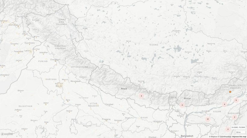 Ubicaci&oacute;n de los seis focos notificados hasta el momento en Nepal. Tambi&eacute;n se indican otros grupos de brotes cercanos. Fuente: OIE a partir de colaboradores de &copy;OpenStreetMap&nbsp;(https://www.openstreetmap.org/about/)
