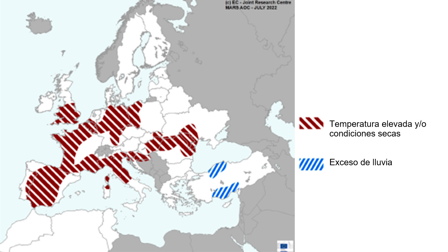 Mapa 1. Eventos climáticos extremos en Europa del 1 de junio al 22 de julio del 2022 (fuente: MARS Butlletin 25/07/2022)