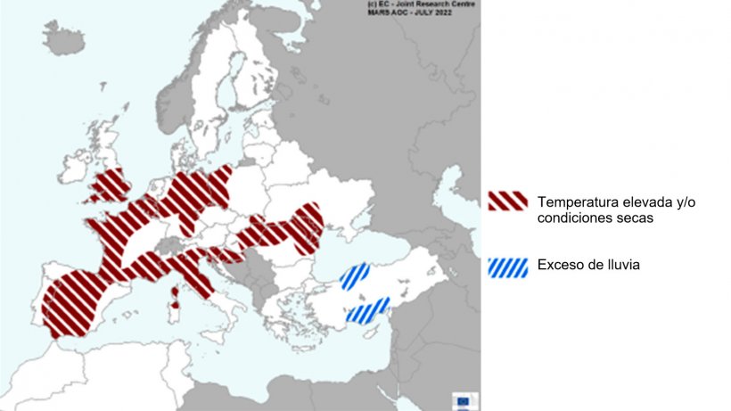 Mapa 1. Eventos climáticos extremos en Europa del 1 de junio al 22 de julio del 2022 (fuente: MARS Butlletin 25/07/2022)
