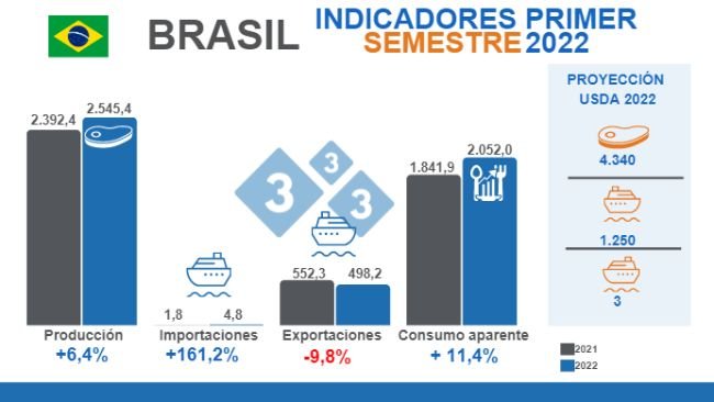 Fuente: Instituto Brasileiro de Geografia e Estatística (IBGE), Comexstat y USDA. Variaciones % respecto al mismo período de 2021. Cifras en miles de toneladas.