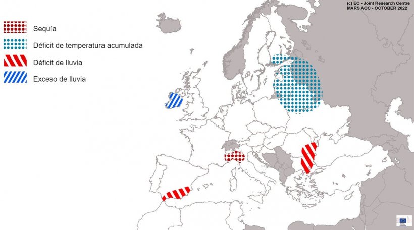 Mapa 1. Eventos climáticos extremos en Europa del 1 de septiembre al 21 de octubre de 2022 (fuente: MARS Butlletin 24/10/2022)