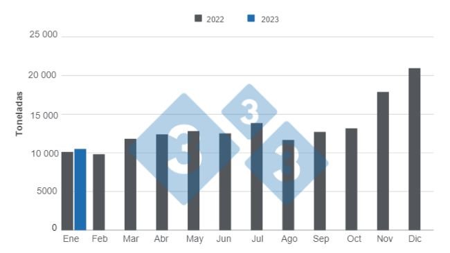 Gráfico 1: Importaciones mensuales de carne de cerdo en Colombia 2022 y enero de 2023. Elaborado por el Departamento de Economía e Inteligencia de Mercados con datos del DANE.