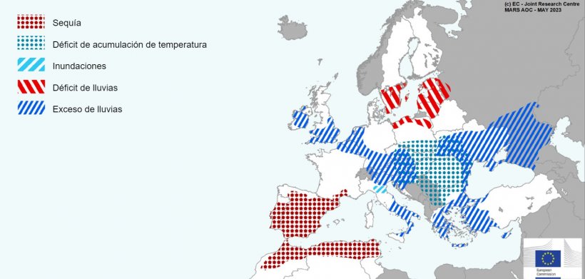 Mapa 2. Eventos climáticos extremos en Europa del 1 de abril al 14 de mayo del 2023 (fuente: MARS Bulletin 22/05/2023).