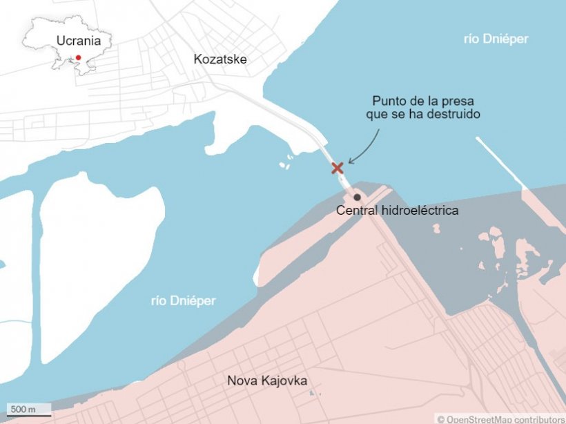 Mapa 1. Localización de la central hidroeléctrica de Nova Kajovka (fuente: El País 06/06/2023).