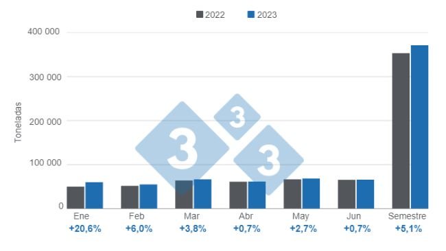 Gráfico 1: Evolución de la producción de carne de cerdo argentina en el primer semestre de 2023. Elaborado por el Departamento de Economía e Inteligencia de Mercados con datos de la Secretaría de Agricultura, Ganadería y Pesca del Ministerio de Economía de Argentina. 