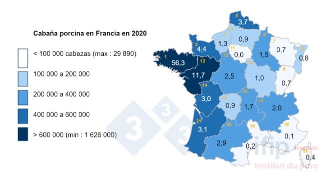 Distribuci&oacute;n de la caba&ntilde;a porcina en Francia en 2020. 1 Bretagne, 2 Basse-Normandie, 3 Haute-Normandie, 4 Picardie, 5 Nord-Pas-de-Calais, 6 Champagne-Ardenne, 7 Lorraine, 8 Alsace, 9 Franche-Comt&eacute;, 10 Bourgogne, 11 IDF, 12 Centre, 13 Pays de la Loire, 14 Poitou-Charentes, 15 Limousin, 16 Auvergne, 17 Rh&ocirc;ne-Alpes, 18 PACA, 19 Languedoc-Roussillon, 20 Midi-Pyr&eacute;n&eacute;es, 21 Aquitaine.
