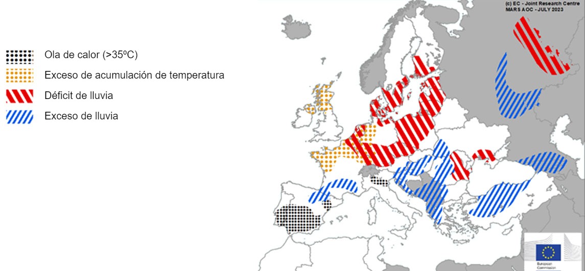 Mapa 1. Eventos climáticos extremos en Europa del 1 de junio al 16 de julio del 2023 (fuente: MARS Butlletin 24/07/2023).