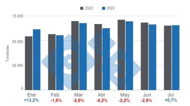 Gráfico 1. Consumo aparente de carne de cerdo en los siete primeros meses del año. Elaborado por el Departamento de Economía e Inteligencia de Mercados de 333 Latinoamérica con datos de la Secretaría de Agricultura, Ganadería y Pesca del Ministerio de Economía de Argentina. 