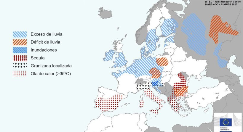 Mapa 1. Ekstremalne zjawiska pogodowe w Europie od 1 lipca do 13 sierpnia 2023 r. (Źródło: MARS Butlletin 21.08.2023).