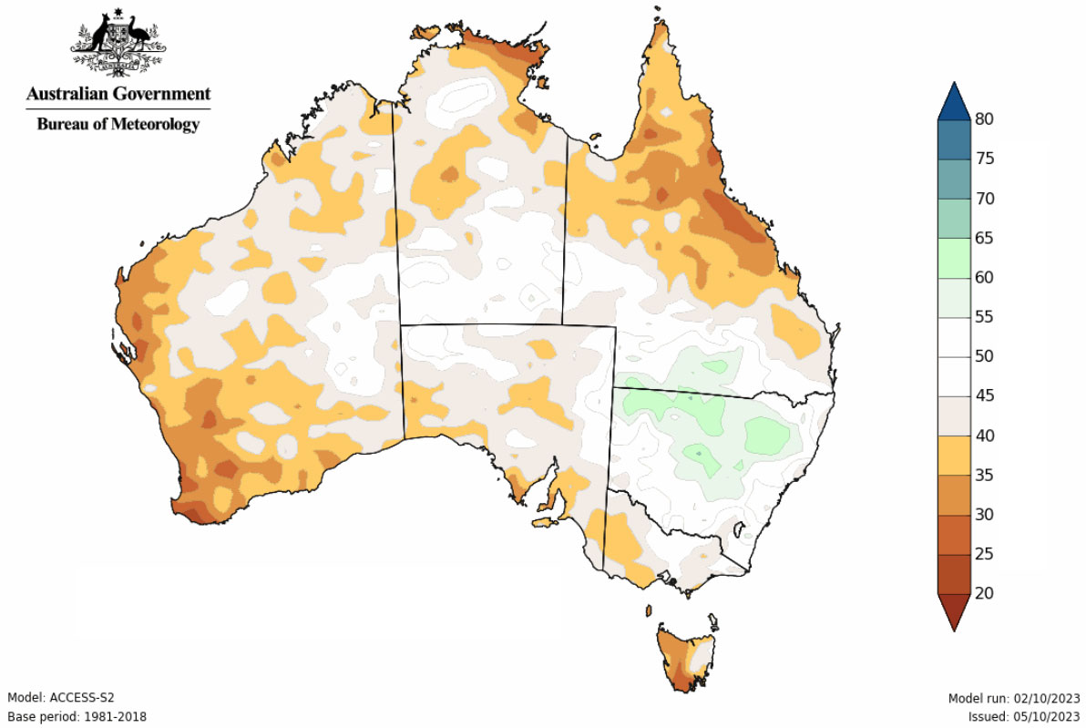 Mapa 3. Probabilidad de superar la precipitación media del 23 de noviembre a enero de 2024 en Australia (fuente: Bureau of Meteorology, Australia).