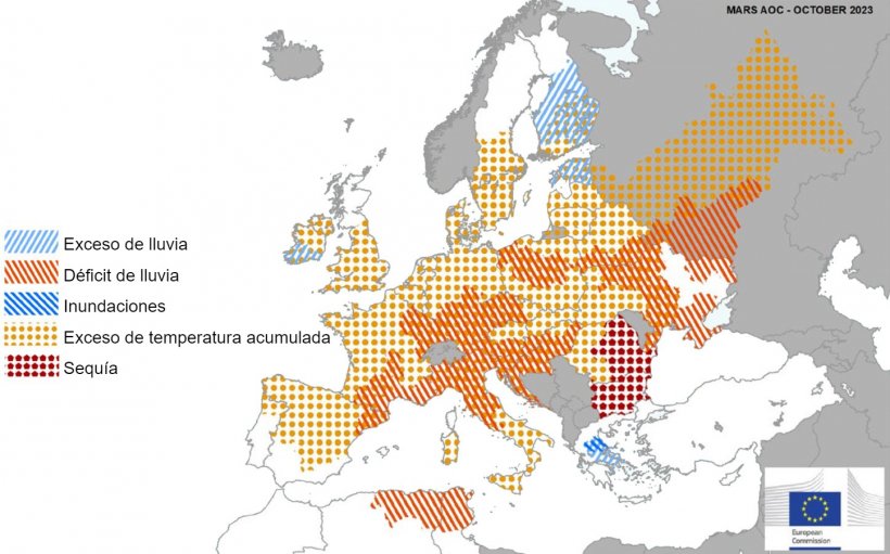 Mapa 1. Eventos climáticos extremos en Europa del 1 de septiembre al 15 de octubre del 2023 (fuente: EC Joint Research Centre, AGRI4CAST Project, MARS Butlletin 23/10/2023).