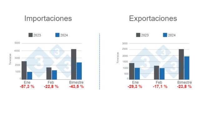 Gráfico 1. Comercio internacional de la carne de cerdo en el primer bimestre de 2024, variaciones anuales. Elaborado por el Departamento de Economía e Inteligencia de Mercados de 333 Latinoamérica con datos de la Secretaría de Agricultura, Ganadería y Pesca del Ministerio de Economía de Argentina.