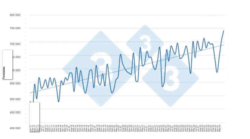 Gr&aacute;fico 1: faena mensual de porcinos en los &uacute;ltimos 7 a&ntilde;os y lo corrido de 2024.
Elaborado por el Departamento de Econom&iacute;a e Inteligencia de Mercados de 333 Latinoam&eacute;rica con datos de la Secretar&iacute;a de Agricultura, Ganader&iacute;a y Pesca del ministerio del Ministerio de Econom&iacute;a de Argentina
