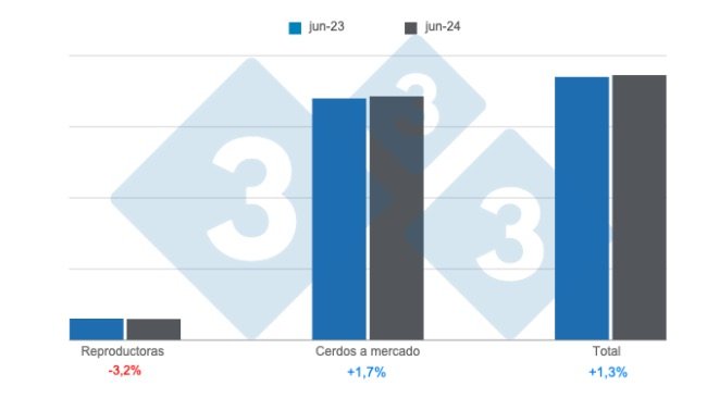 Gráfico 1: Inventario de porcinos en Estados Unidos con corte al 1 de junio de 2024, variaciones anuales. Elaborado por el Departamento de Economía e Inteligencia de Mercados de 333 Latinoamérica con datos de USDA - NASS