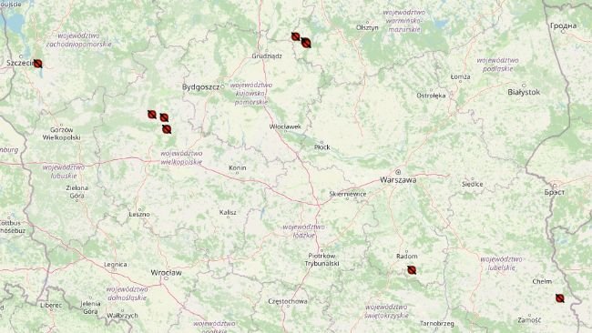 Distribución de los brotes de peste porcina africana en Polonia en 2024. Fuente: Inspección Veterinaria.