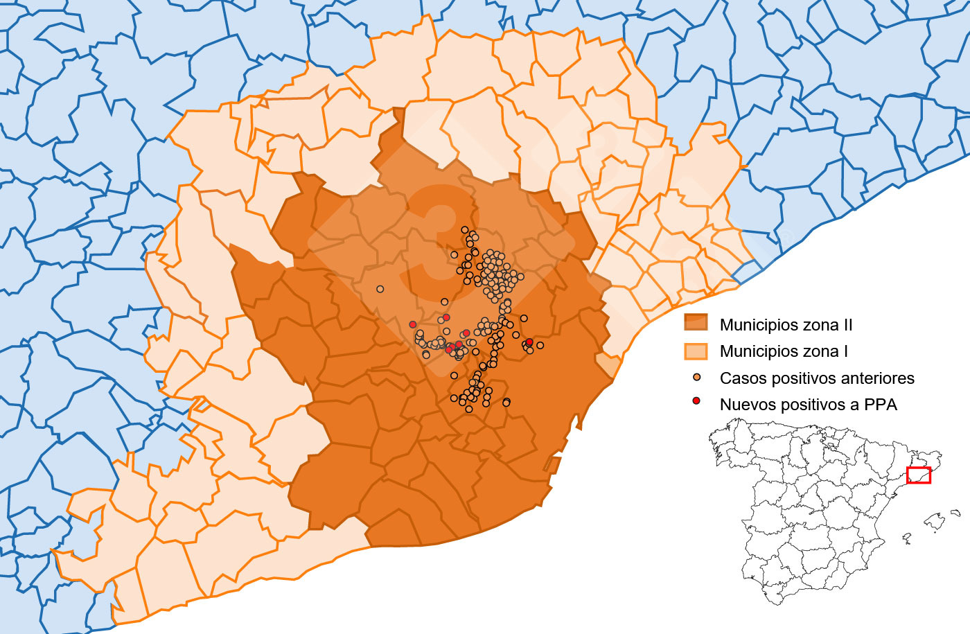 Localización detallada de los casos de jabalíes silvestres detectados en la zona restringida II (semana 19). Fuente: 333 a partir de datos del MAPA y SVO.