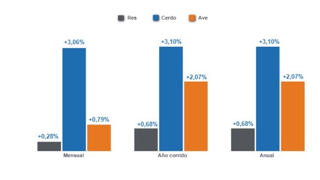 Gráfico 1: Variaciones del Índice de Precios al Consumidor (IPC) de las principales proteínas de origen animal en Colombia, diciembre de 2024. 
Elaborado por el Departamento de Economía e Inteligencia de Mercados de 333 Latinoamérica con datos del DANE