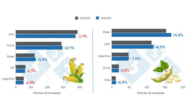 Gráfico 1: Proyección de cosecha para los principales productores mundiales de maíz y soya - campaña 2024/25 versus ciclo 2023/24 - última actualización: 10 de abril de 2025.  
Elaborado por el Departamento de Economía y Sostenibilidad de 333 Latinoamérica con datos de FAS - USDA