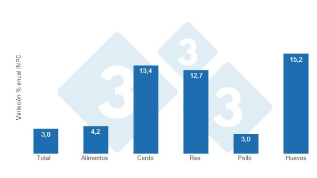 Gráfico 1: Variaciones porcentuales anuales del INPC total, alimentos y principales proteínas de origen animal - marzo de 2025.  
Elaborado por el Departamento de Economía y Sostenibilidad de 333 Latinoamérica con datos del Servicio de Información Agroalimentaria y Pesquera (SIAP)