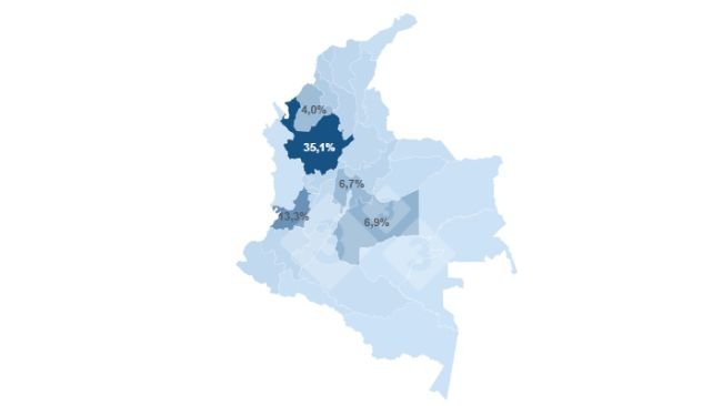 Mapa 1: Concentración del inventario porcino en Colombia - 2024 
Elaborado por el Departamento de Economía y Sostenibilidad de 333 Latinoamérica con datos del Instituto Colombiano Agropecuario (ICA)