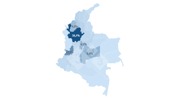 Mapa 1: Concentración del inventario porcino en Colombia - 2024
Elaborado por el Departamento de Economía y Sostenibilidad de 333 Latinoamérica con datos del Instituto Colombiano Agropecuario (ICA)