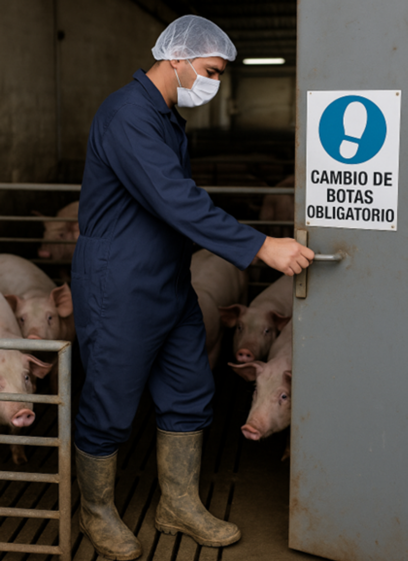 Imagen 1. Trabajador en una granja porcina atraviesa zonas sin cambiarse las botas, ignorando el protocolo de bioseguridad indicado. Imagen generada por inteligencia artificial para fines ilustrativos (OpenAI, 2025).