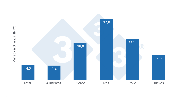Gráfico 1: Variaciones porcentuales anuales del INPC total, alimentos y principales proteínas de origen animal - junio de 2025.
Elaborado por el Departamento de Economía y Sostenibilidad de 333 Latinoamérica con datos del Servicio de Información Agroalimentaria y Pesquera (SIAP)