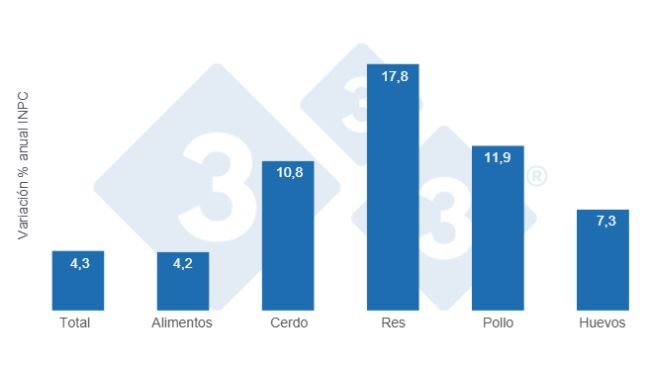 Gráfico 1: Variaciones porcentuales anuales del INPC total, alimentos y principales proteínas de origen animal - junio de 2025.  
Elaborado por el Departamento de Economía y Sostenibilidad de 333 Latinoamérica con datos del Servicio de Información Agroalimentaria y Pesquera (SIAP)