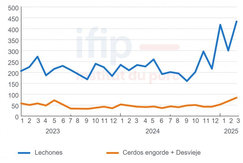 Importaciones mensuales españolas de cerdos vivos (miles de cabezas). Fuente: IFIP a partir de datos de Eurostat (aduanas).