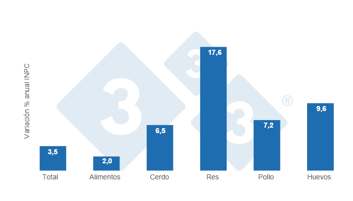 Gráfico 1: Variaciones porcentuales anuales del INPC total, alimentos y principales proteínas de origen animal - julio de 2025.  

Elaborado por el Departamento de Economía y Sostenibilidad de 333 Latinoamérica con datos del Servicio de Información Agroalimentaria y Pesquera (SIAP)