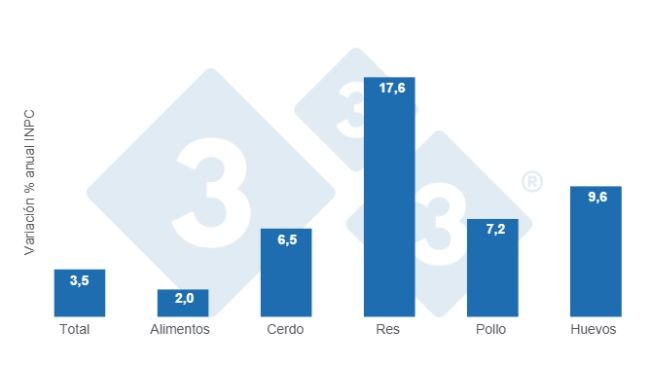 Gráfico 1: Variaciones porcentuales anuales del INPC total, alimentos y principales proteínas de origen animal - julio de 2025.  
Elaborado por el Departamento de Economía y Sostenibilidad de 333 Latinoamérica con datos del Servicio de Información Agroalimentaria y Pesquera (SIAP)