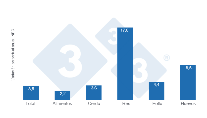 Gráfico 1: Variaciones porcentuales anuales del INPC total, alimentos y principales proteínas de origen animal – Primera quincena de agosto de 2025.  

Elaborado por el Departamento de Economía y Sostenibilidad de 333 Latinoamérica con datos del Servicio de Información Agroalimentaria y Pesquera (SIAP).