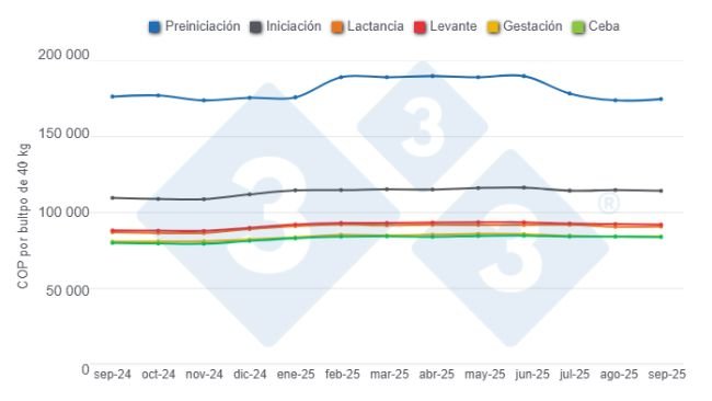 Gráfico 1: Evolución de los precios promedio del alimento para cerdos por categorías en los últimos 12 meses.
Elaborado por el Departamento de Economía y Sostenibilidad de 333 Latinoamérica con datos de SIPSA - DANE.